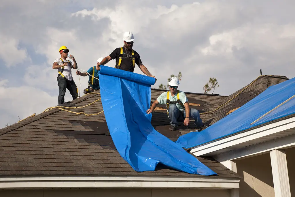 Blue tarps covering storm-damaged roofs on suburban homes after a storm